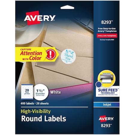 Avery Label, Perm, Inkjt, Round, 1.5 5PK AVE8293